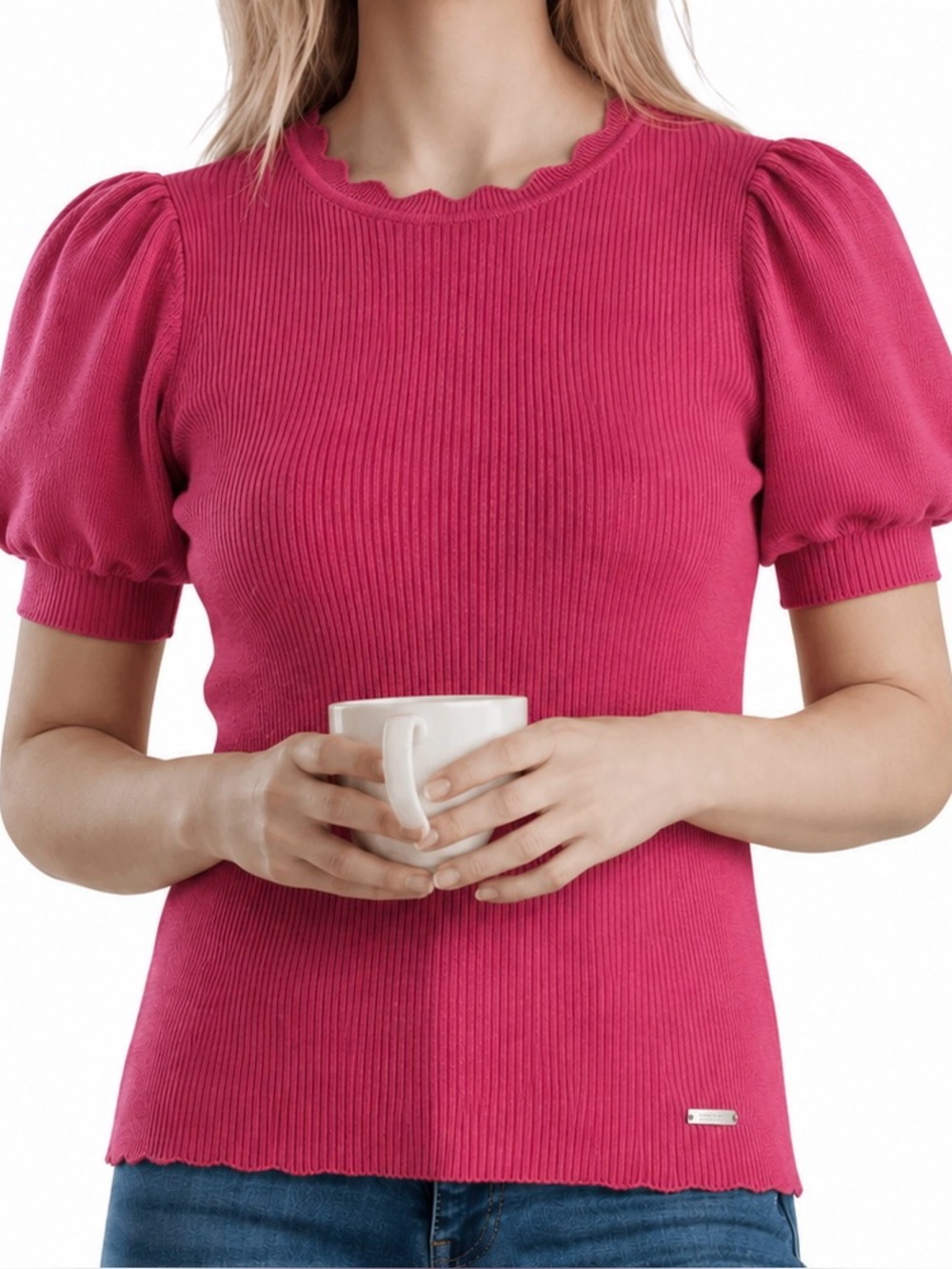 Tahari Ribbed Puff Sleeve Sweater Bright coral Short Sleeves Scalloped hem M